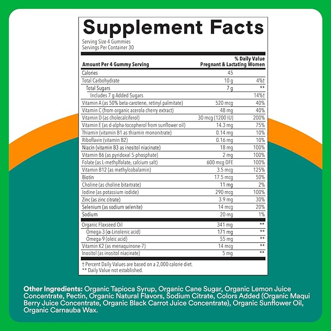 SmartyPants Organic Prenatal Vitamins for Women Multivitamin Gummies: Biotin Methylfolate Omega 3 (ALA) Vitamin D3 C Vitamin B12 B6 A K2 &amp Zinc Choline Vegetarian 120 Count (30 Day Sup