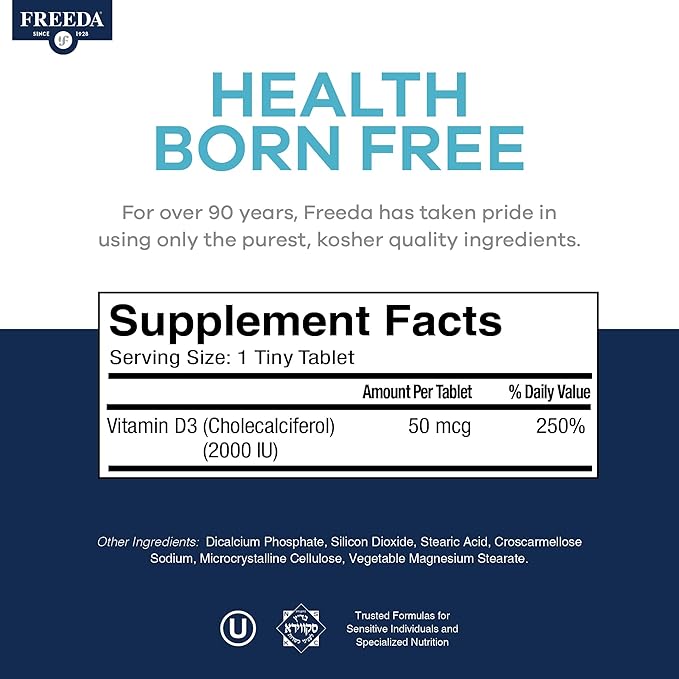 FREEDA Pure Vitamin D3 2000 IU – Moderate Strength – Bone Health Joint Muscle &amp Immune Support – VIT D3 Vitamin D Supplement for Women &amp Men – 50 mcg 2000 IU Easy-to-Swallow (250 Tiny Table