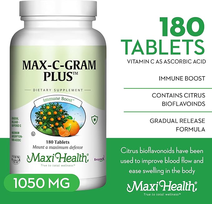 Maxi Health Vitamin C 1050mg – Buffered C Complex with Calcium Ascorbate &amp Bioflavonoids – Immune Support Supplement Non-Acidic Gentle on Stomach Gradual Release – 90 Tablets