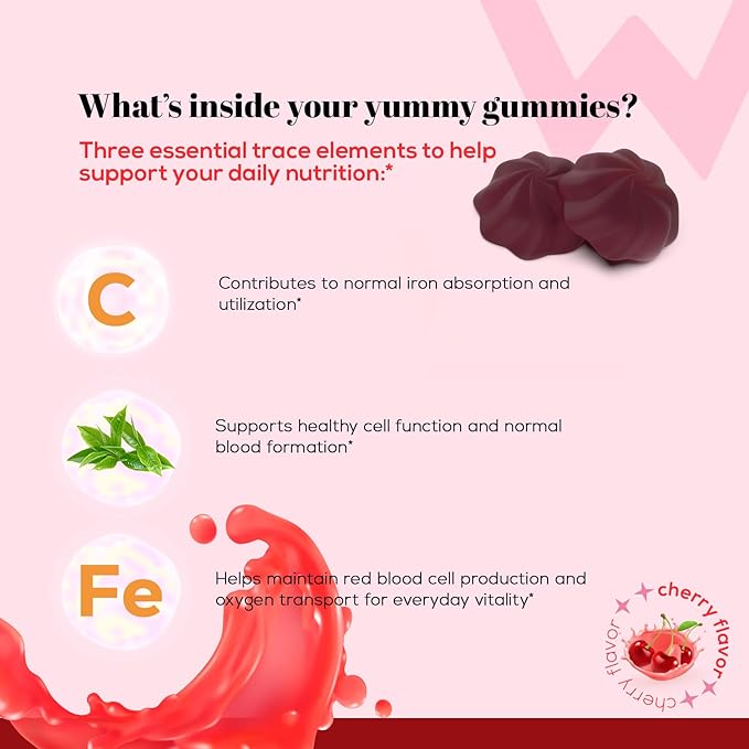 Wondermoon Iron Gummies for Women with Vitamin C Chewable Iron Supplement with B12 &amp Folate Cherry Flavor 60 Gummies