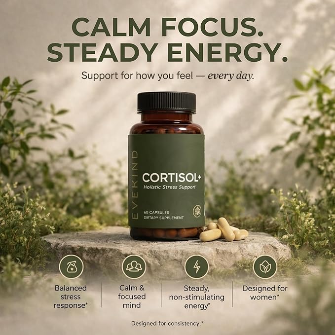 EVEKIND Cortisol Supplement for Women | Stress Support for Mood Energy &amp Hormone Balance | Calm Focus &amp Daily Reset | Adaptogen Blend with KSM-66® Ashwagandha Rhodiola L-Theanine | 60 Caps