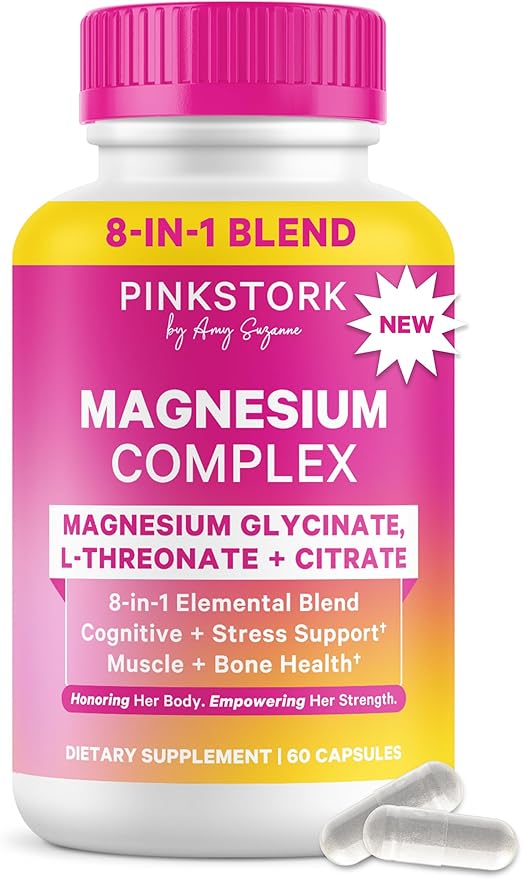 Pink Stork Magnesium Complex for Women - 8 Forms Including Glycinate Malate Citrate &amp L-Threonate - Stress Sleep Muscle &amp Hormone Support - 400 mg Elemental Magnesium - 60 Vegan Capsules