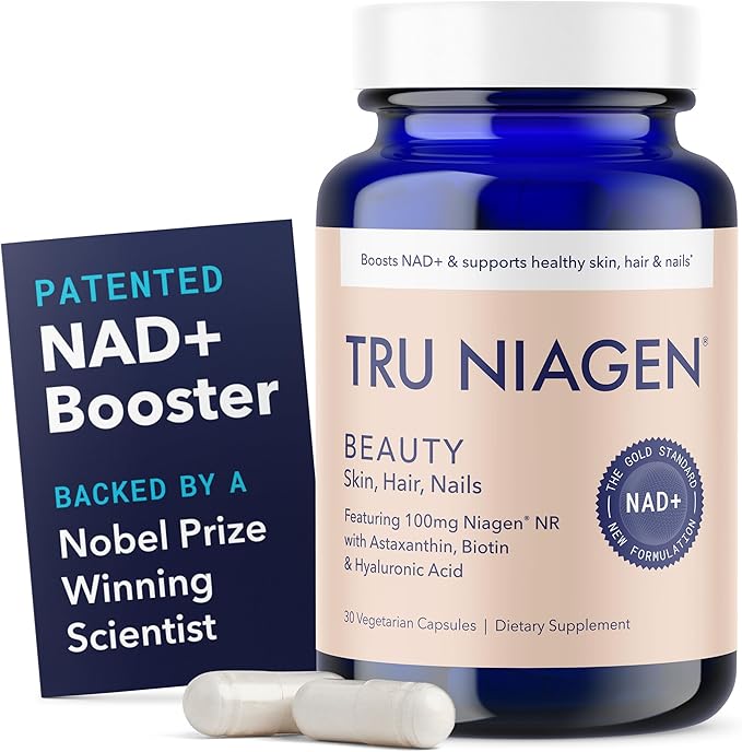 TRU NIAGEN BEAUTY NAD+ for Hair Skin &amp Nails | Contains Niagen® Astaxanthin Hyaluronic Acid Biotin | Supports Skin Elasticity &amp Moisture Retention | Daily Supplements for Men &amp Women |