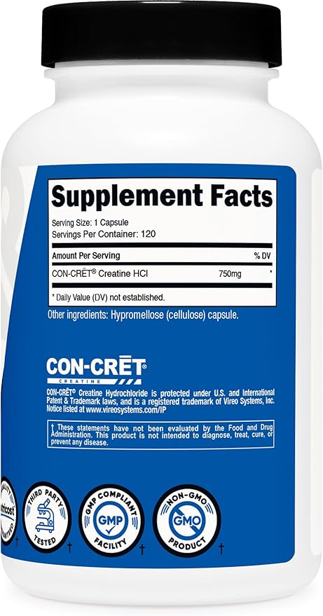 Nutricost Creatine HCl 120 Capsules - Made with CON-CRET Creatine 750 MG Per Capsule