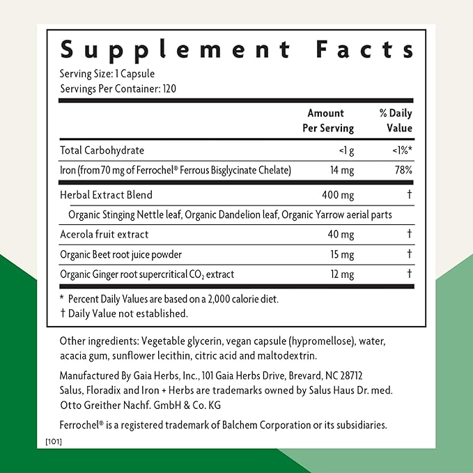 Floradix Iron + Herbs - Iron Supplement for Healthy Energy Support* - Supports Red Blood Cell Formation - Vegan Non-GMO Gluten-Free Soy-Free - 120 Liquid Phyto-Caps