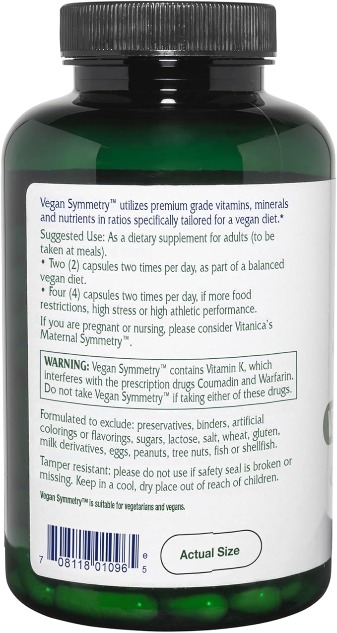 Vitanica Vegan Symmetry - Supports a Vegan Diet with Magnesium Pea Protein Vitamin D &amp More - Non-GMO &amp Gluten-Free - 120 Capsules (60 Servings)
