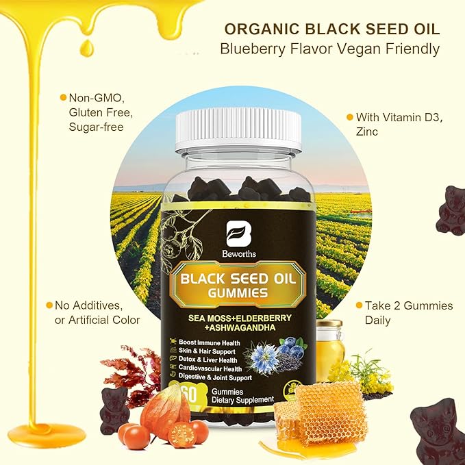 Black Seed Oil Gummies with Ashwagandha &amp Irish Sea Moss &amp Elderberry – Immune Support Supplement with Vitamin C D3 Zinc Nigella Sativa Black Cumin Gummy for Hair Growth &amp Joint Health