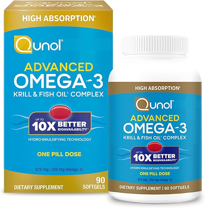 Qunol Advanced Omega 3 Krill and Fish Oil Complex 10x Better Bioavailability One Pill Dose 250mg EPA &amp DHA Supports Brain Eye Heart and Joint Health 90 Count (Pack of 1)