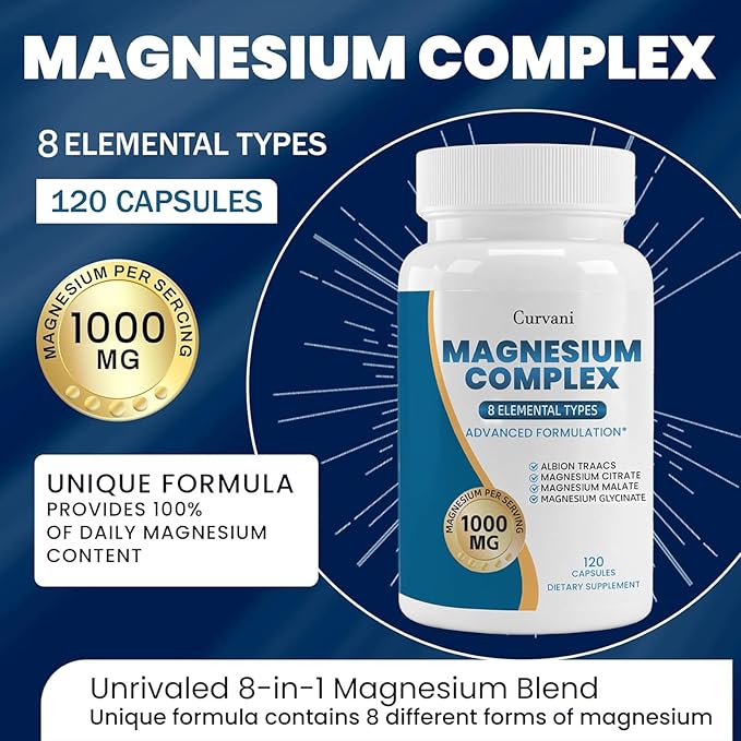 Magnesium Complex Supplement Provided by 1000mg of Eight Different Forms of MagnesiumEasy Absorption for Bones Muscle Recovery Energy Vegan Non-GMO120 Capsules (1pcs)