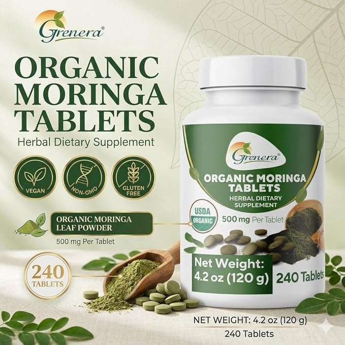 Grenera Organic Moringa Tablets 240 nos Uncoated USDA Organic Certified Malunggay Herbal Supplement No Chemical Coating Green Superfood Lab Tested for Purity