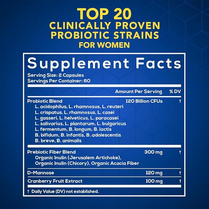 Probiotic for Women - Vaginal Gut UT pH Balance Feminine &amp Digestive Health - Prebiotics with Probiotics Cranberry D-mannose - Bifidobacterium and Lactobacillus - 120 Capsules