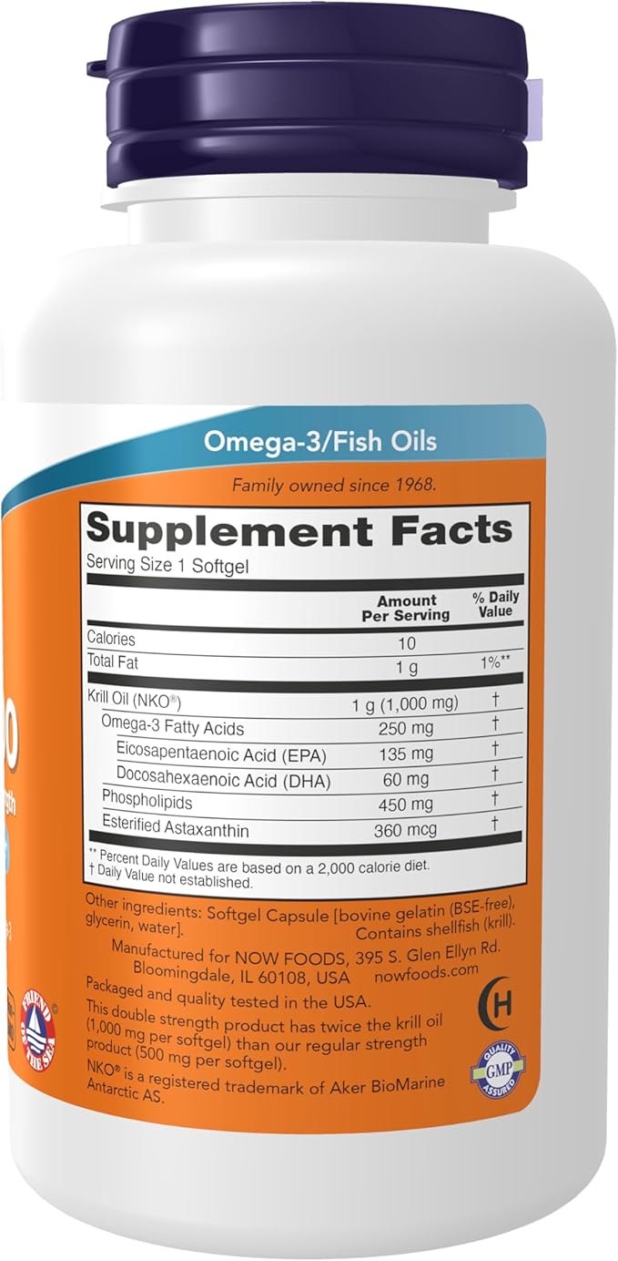 NOW Foods Supplements Neptune Krill Double Strength 1000 mg Phospholipid-Bound Omega-3 60 Softgels