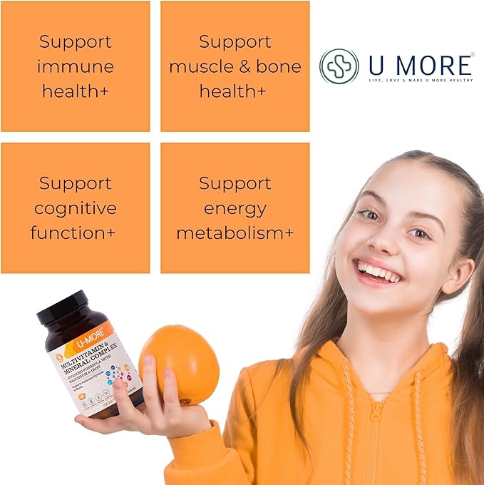U-MORE Multivitamin &amp Mineral Complex Vegan Sugar-Free Gluten-Free Calcium Magnesium Vitamin A B1 B2 B5 B6 B12 D3 K C Iron Zinc Supports Immune System &amp Overall Health - 60 Ta