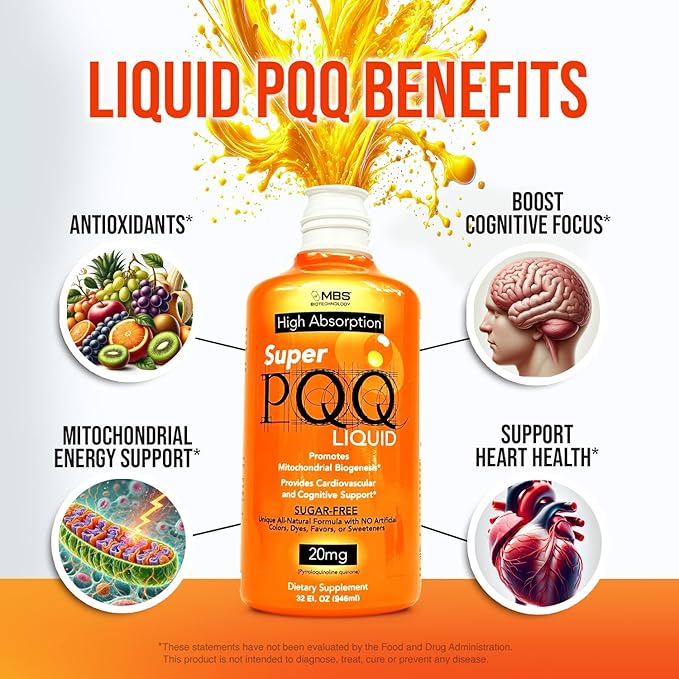 Super PQQ Liquid - Highly Absorbable Pyrroloquinoline Quinone 20 Milligram Best Liquid PQQ for Mitochondrial Biogenesis Supports Heart Health Cognitive Function and Mental Focus