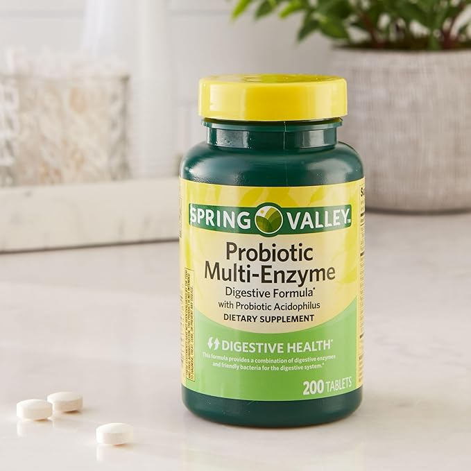 Spring Valley Probiotic Multi-Enzyme Digestive Formula Tablets 200 Count Probiotics for Men and Women for Digestive Health Bundle (Pack of 02) - Set by Basket Goods