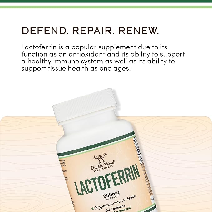 Lactoferrin 250mg per Serving (60 Capsules) Patented Bioferrin Lactoferrin - Superior Iron Supplement for Iron Deficiency and Immune Support by Double Wood Supplements (Pack of 2)