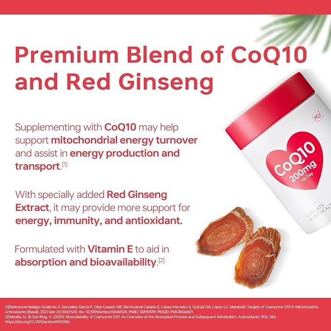 HUJ CoQ10 with Red Ginseng Formula - Heart Health &amp Energy Production Support with Coenzyme Q10 Red Ginseng Extract Vitamin E &amp PQQ - 60 Softgels