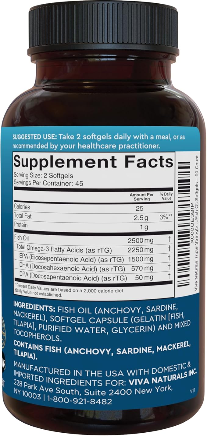 Viva Naturals Triple Strength Omega 3 Fish Oil Pills – 2500 mg High-Potency Formula with 2250 mg Omega 3 Fatty Acids (Including EPA DHA DPA) in rTG Form for Absorption – IFOS Certified 90 Softgels