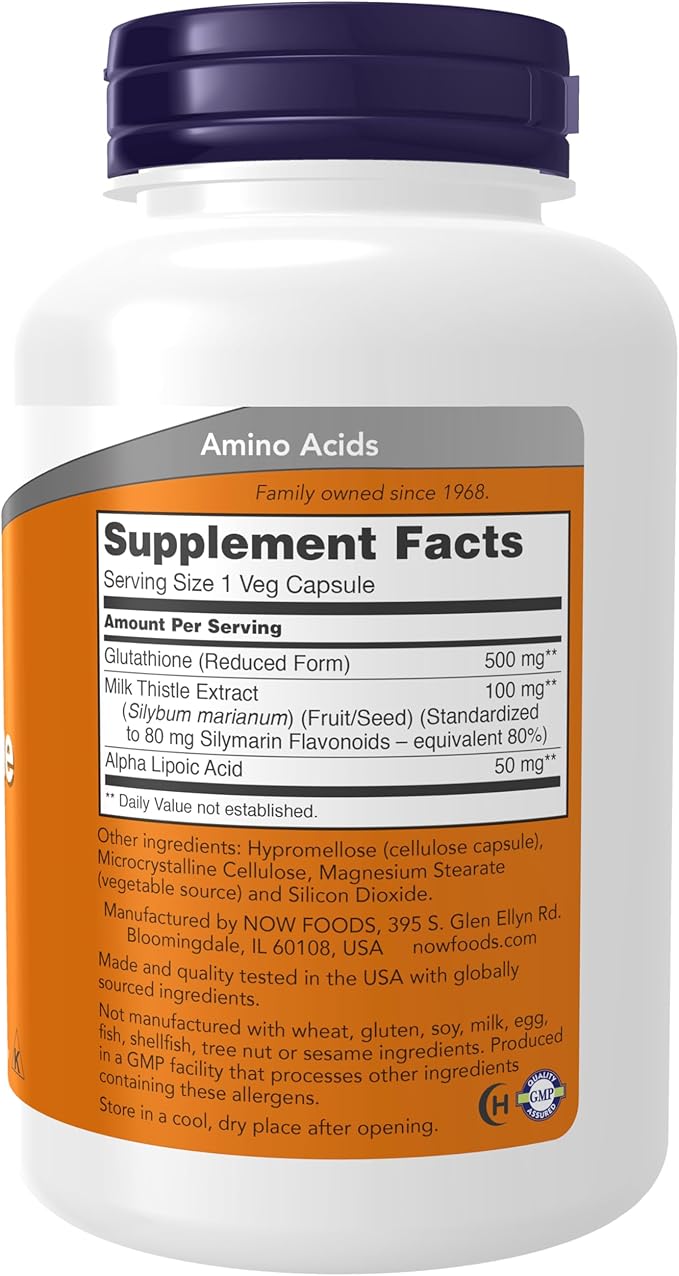 Now Foods Supplements Glutathione 500 mg with Milk Thistle Extract &amp Alpha Lipoic Acid Free Radical Neutralizer* 120 Veg Capsules Beige