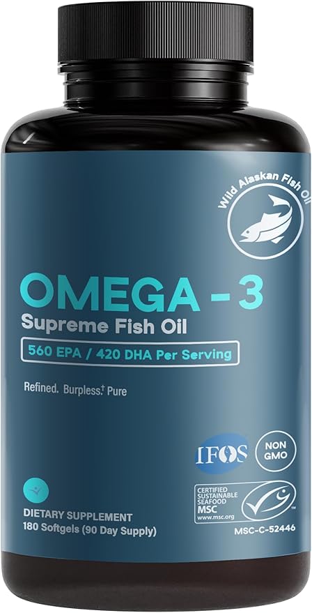 Omega-3 Supreme 1400 mg Wild Alaskan Fish Oil | Enteric Coated Burpless | MSC Certified High EPA DHA Improved Absorption &amp Heavy Metal Tested (3 Mo Supply180 Softgels)