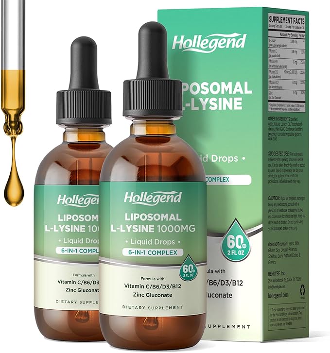 Liposomal L-lysine 1000MG Liquid Drops Lysine Supplement for Women &amp Kids with Vitamin C B6 D3 B12 &amp Zinc Gluconate Skin &amp Lip Health Immune &amp Collagen Production Support Lemon