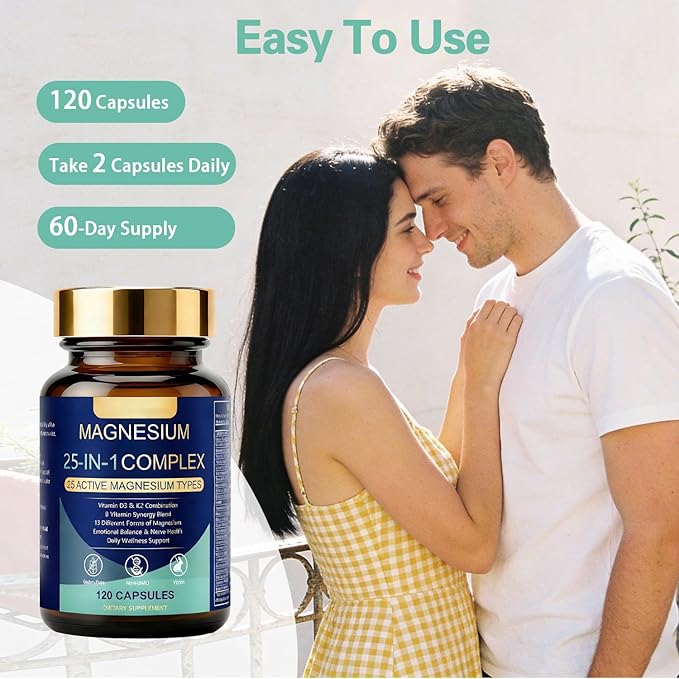 25-in-1 Magnesium Complex Supplement with Ashwagandga | High Absorption Magnesium Glycinate for Muscle Nerve &amp Sleep Support | Vegan Stress Relief &amp Energy Support Capsules for Women &amp Me