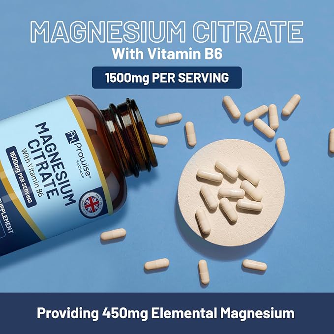 Magnesium Citrate Capsules 1500mg with Vitamin B6 | 120 Vegan Capsules | 450mg Elemental Mg | Capsule not Tablets | Made in UK by Prowise