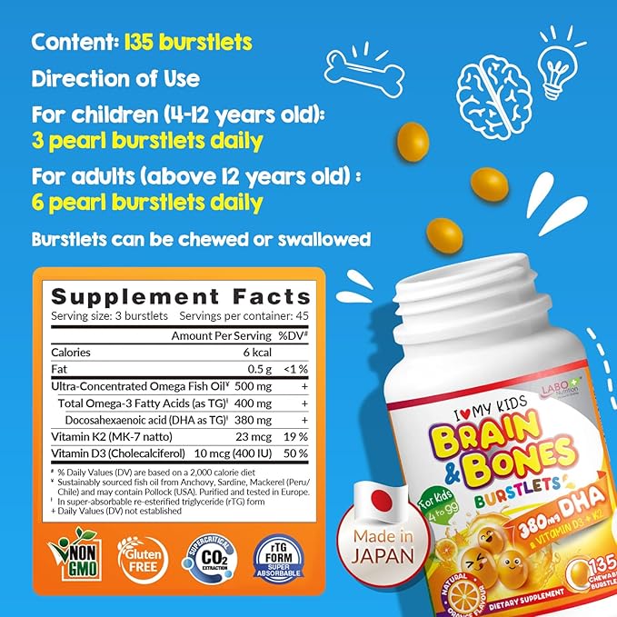 LABO Nutrition I My Kids Brain &amp Bones Chewable Burstlet Gluten Free for Stronger Bones &amp Behavioral Management 76% Ultra-Concentrated rTG Form Omega 3 DHA Fish Oil Vitamin D3 &amp K2 Or