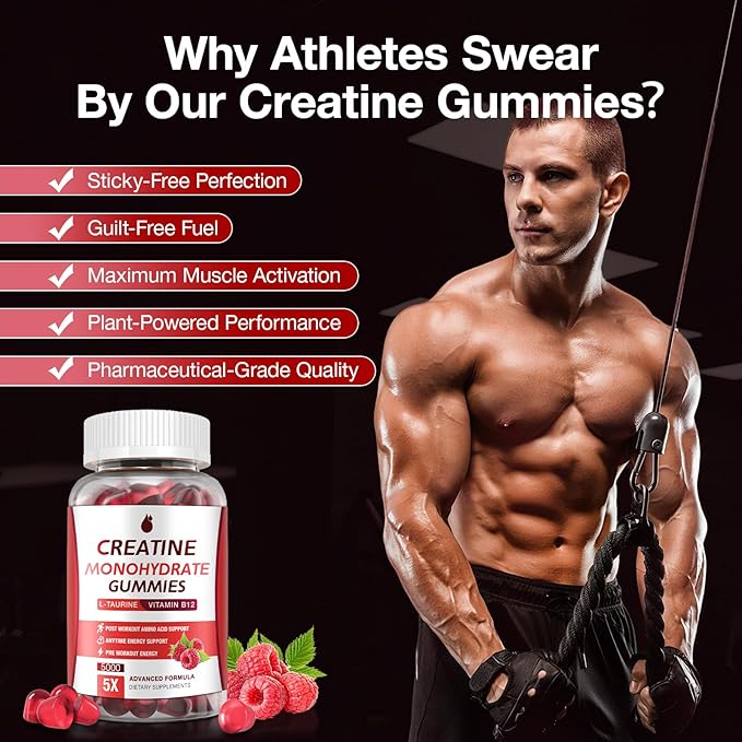Creatine Gummies for Men &amp Women - Creatine Monohydrate Gummies 5g Low Sugar Creatine Supplement for Muscle Builder Energy Boost &amp Pre-Workout Supplement Raspberry Flavor 160 Gummies (2 Bo