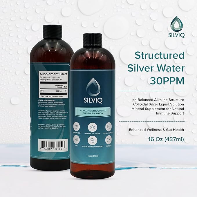 Structured Silver Water 30PPM - ph Balanced Alkaline Structure Silver Liquid Solution Mineral Supplement for Natural Immune Support - Enhanced Wellness &amp Gut Health - 16 Oz (437ml)