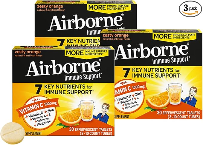 Airborne 1000mg Vitamin C + Zinc Sugar Free Multivitamin Immune Support Effervescent Fizzy Drink Tablets Zesty Orange Flavor with Powerful Antioxidants Vitamins A C &amp E 30 Tablets (3 Pack)