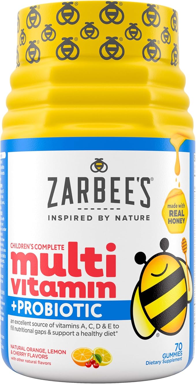 Zarbee's Kid's Complete Multivitamin + Probiotic Gummies with Vitamins A B C D E &amp zinc for Digestive Health Easy To Chew Kids Daily Multivitamin Gummies Natural Fruit 70 Count