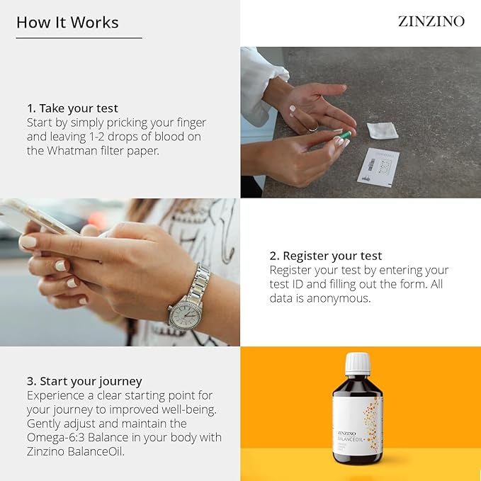 Zinzino BalanceTest - Blood Test Kit to Assess Fatty Acid Levels - Measures 11 Essential Fatty Acids Including Omega-3 6 9 - Easy Dry Blood Test