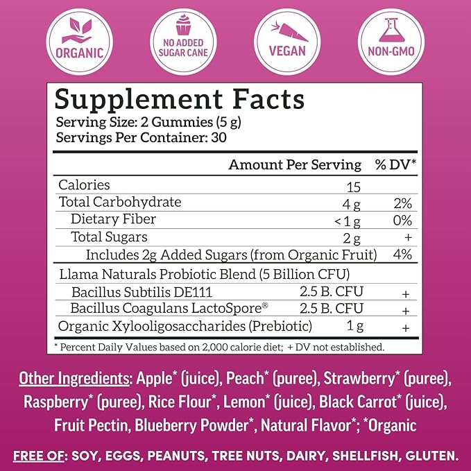 Llama Naturals Kids Pre &amp Probiotic Gummies + Adult Pre &amp Probiotics Bundle | No Added Sugar Cane | Vegan | Organic | Mixed Berry Flavor | 2 Bottles