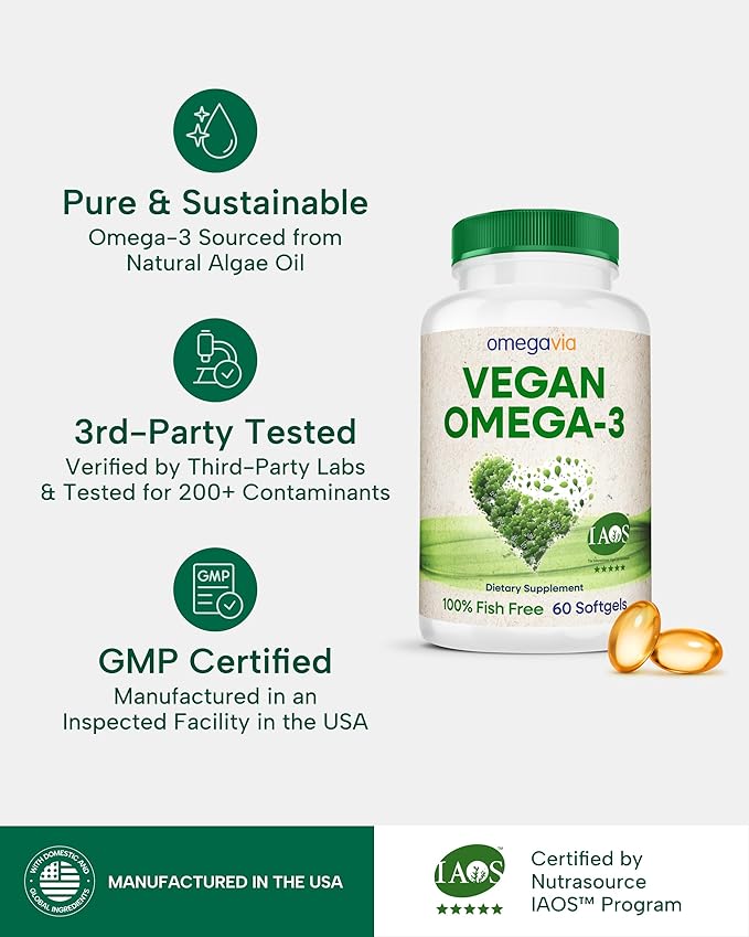 OmegaVia Vegan Omega 3 Supplement Algae Omega 3 Fish Oil Alternative 300mg Vegan DHA Fatty Acids Plant Based Planet and Ocean Friendly IAOS 5 Star Tested 60 Softgels
