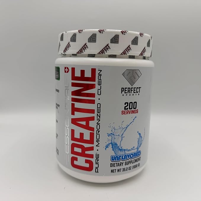 PERFECT SPORTS Essential Creatine | Pure Micronized Creatine Monohydrate | Vegan Friendly Gluten Free | Muscle Build &amp Performance | 200 Servings (Unflavored)