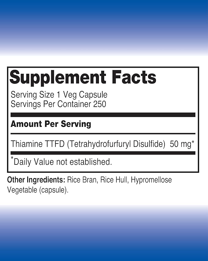 Vitamine B1 Thiamine TTFD Thiamine Tetrahydrofurfuryl Disulfide 50mg-250CapsulesVeganNon GMONo Artificial fillers or Stearate additives.