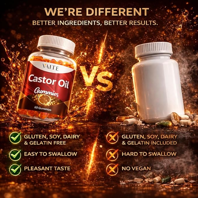 Castor Oil Gummies 1000mg - Natural Digestive Supports Skin Nails &amp Thicker Hair Growth Ricinus Communis Seed Extract Plant-Based Vegan Non-GMO Gluten-Free No Artificial Flavors 60 Chewab