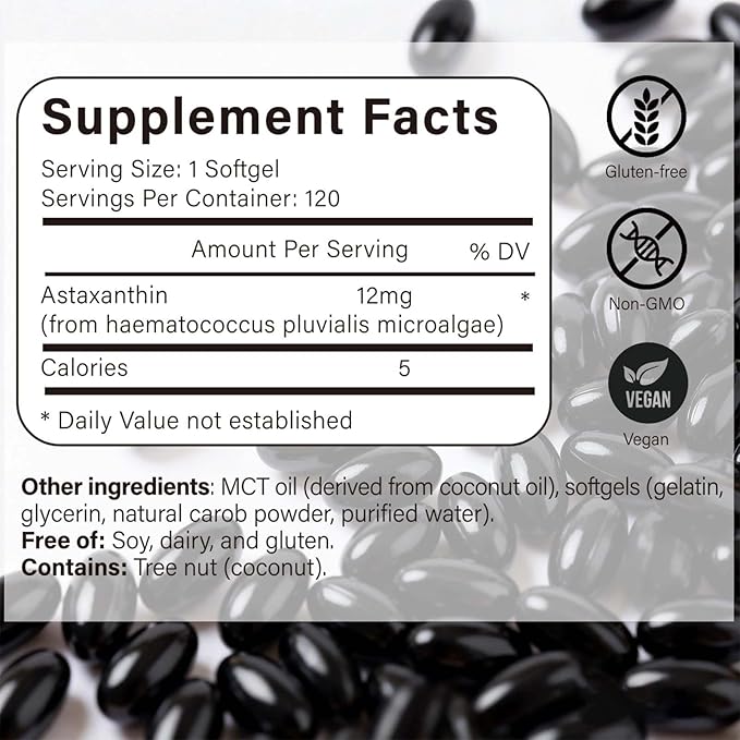 Astaxanthin 12mg Softgels | Natural Algae-Derived Botanical Extract (Haematococcus pluvialis) | Easy Swallow Non-GMO 120 Count per Bag (2)