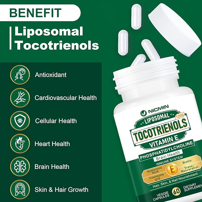 1200MG Vitamin E Tocotrienols Liposomal Tocotrienols Supplement with Phosphatidylcholine 95% Delta-tocotrienols and 5% Gamma-tocotrienols High Absorption for Heart Brain Function 120 Capsules