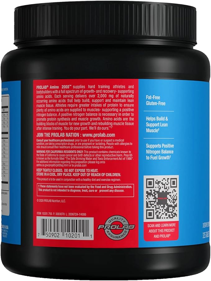 Prolab Amino 2000 Essential Amino Acids Supplement Full-Spectrum EAA Formula for Muscle Recovery Lean Muscle Growth &amp Performance Support (325 Tablets)