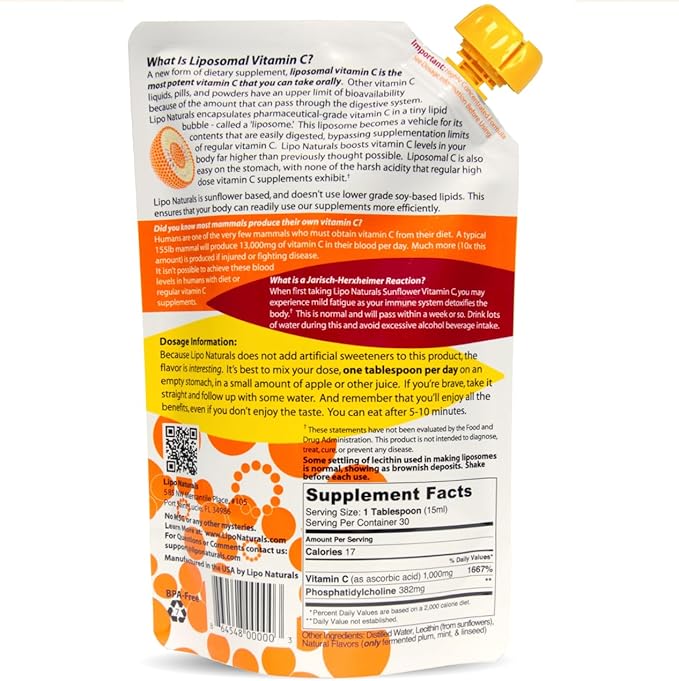 Lipo Naturals Liposomal Vitamin C 1000mg Liquid (2-Pack 60 Doses) - Natural Formula Immunity + Energy Support - Vegan China-Free (15oz / 443ml ea.)