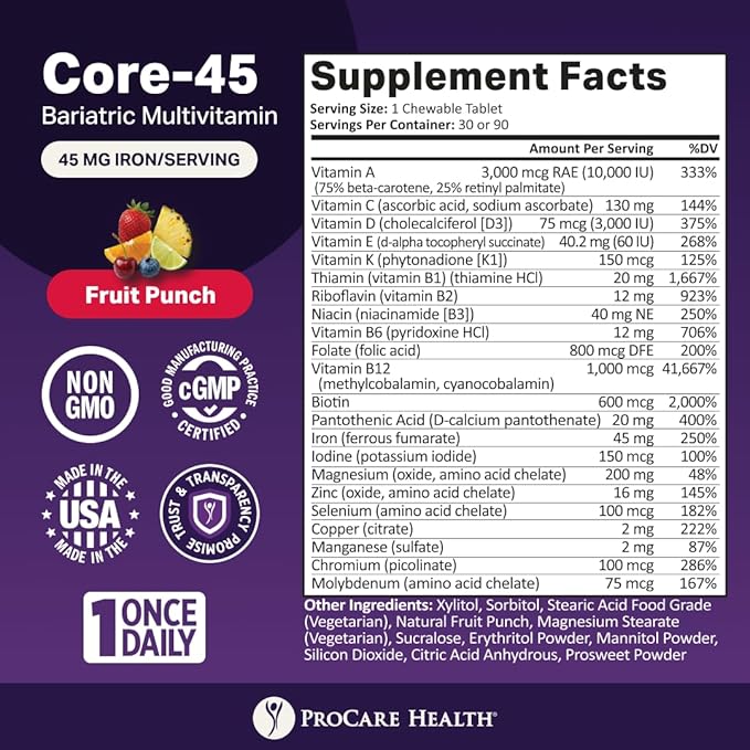 Procare Health Bariatric Multivitamin with Iron 45mg Chewable (90 Tablets) - Fruit Punch Flavor Bariatric Multivitamin Chewable Pills for Gastric Bypass &amp Sleeve Gastrectomy Patients (03 Month Sup