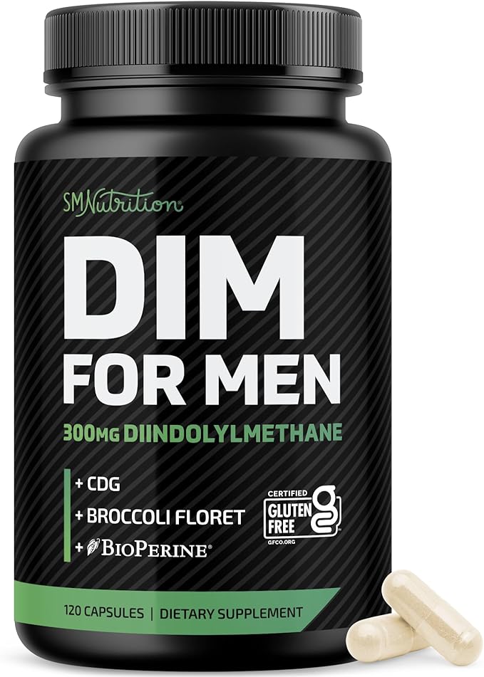 DIM Supplement for Men 300mg | Estrogen Blocker &amp Aromatase Inhibitor | Extra Strength Men’s Hormone Balance &amp Fitness Booster with Diindolylmethane Plus CDG &amp Broccoli Floret | Gluten-Fre