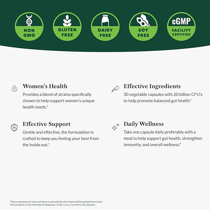 Greens First Women’s Health Probiotics - Probiotic for pH Balance - 20 Billion CFU - Support for Digestive Immune &amp Vaginal Health Non-GMO/Gluten-Free/Dairy-Free/Soy-Free (30 Vegetable Capsules)