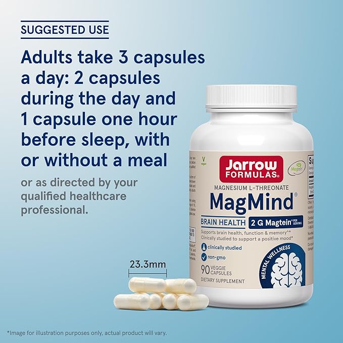 Jarrow Formulas Magnesium L-Threonate MagMind Magtein Magnesium Supplement Brain Supplements for Memory Support 90 Veggie Capsules Up to a 30 Day Supply