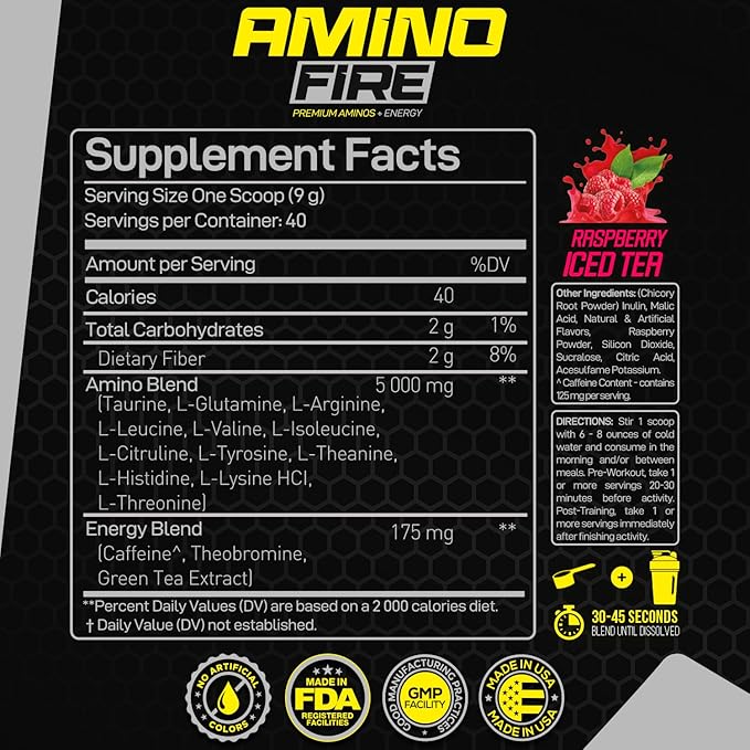 Forzagen Amino Fire | Essential Amino Energy Powder for Pre-Workout | BCAA Energy Boost &amp Muscle Recovery Drink Mix Enhance Focus &amp Concentration Dietary Supplement | Raspberry Ice Tea 40 S