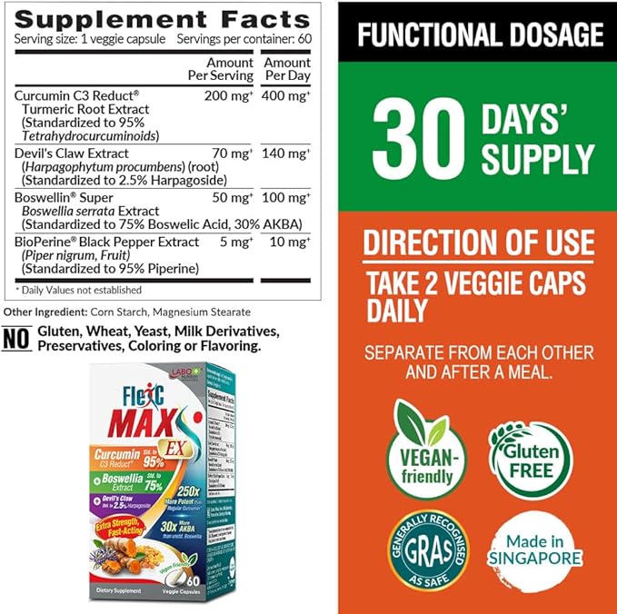 LABO Nutrition FlexC MAX EX with Turmeric Curcumin C3 Reduct 95% Tetrahydrocurcuminoids Bioperine Boswellia Extract &amp Devil’s Claw Effective Antioxidation Joint &amp Body Discomfort Relief