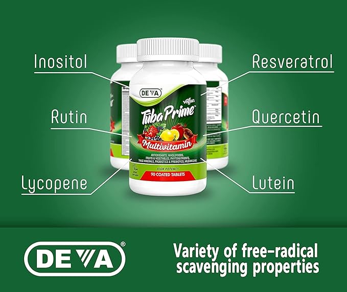 DEVA Tuba Prime Vegan Multivitamin High-Potency Vitamin and Mineral Dietary Supplement Antioxidants Fruit and Vegetable Blend Super Mushrooms Probiotics Prebiotics Seeds Herbs - 90 Tabs 2-Pack