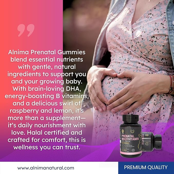 Halal Prenatal Multivitamin Gummies with DHA &amp EPA from Fish Oil – Support for Mom &amp Baby Health | 60 Gummies – Halal Certified Made in USA